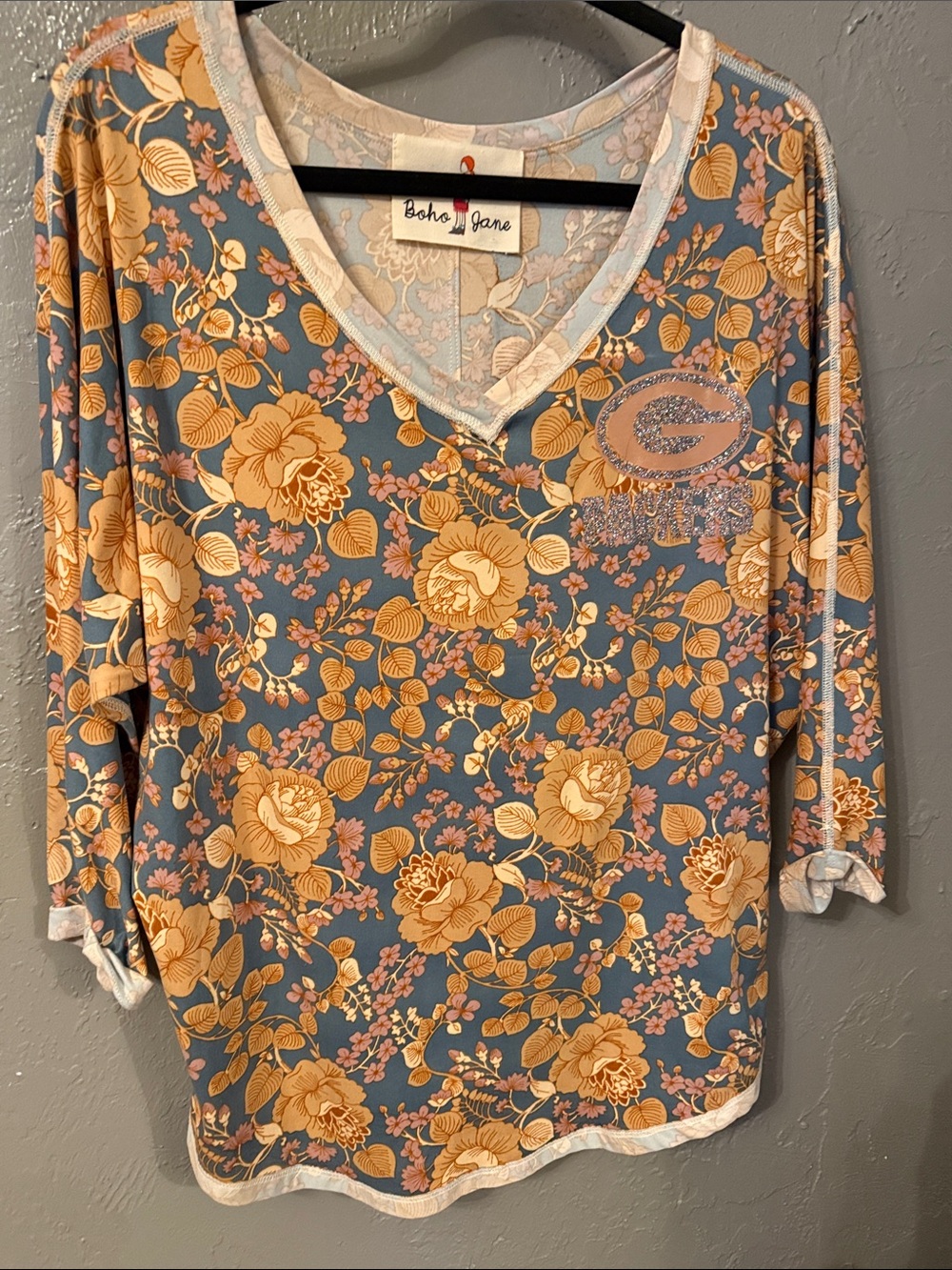Boho Jane Floral V-Neck Tunic in Blue and Mustard